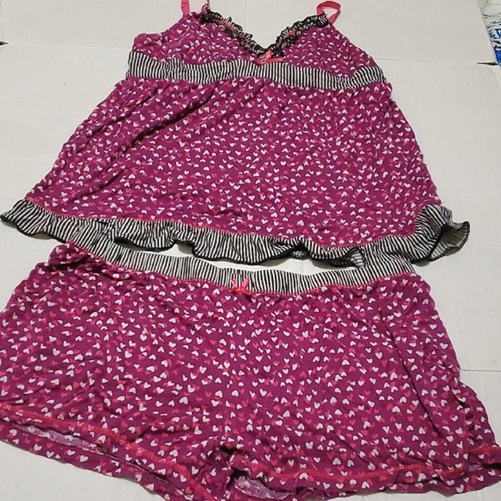 Cute Soft Magenta Hearts & Stripes Ruffled Sleepwear Set M